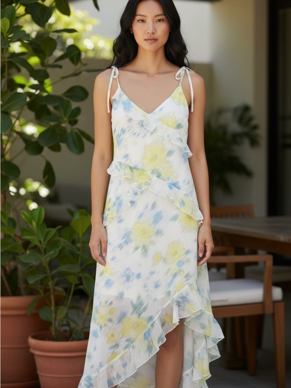 Steve Madden White Floral Asymmetrical Ruffle Maxi Dress with Yellow & Blue